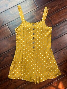 American Eagle - Mustard Polka Dot Faux Button-Front Adjustable Strap Romper